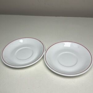 Starbucks set of 2 white mini tea cup plates with red trim